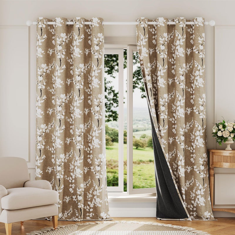 FMFUNCTEX 100% Blackout Floral Curtains for Bedroom  Taupe Curtains 84 inches Long Blossom Flower Patterned for Living Room  Thermal Insulated Farmhouse Drapes  Grommet Top 2 Panels (White on Tan) - Image 1