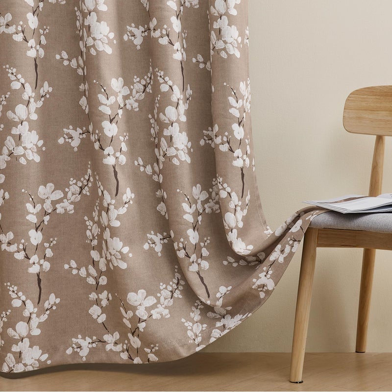 FMFUNCTEX 100% Blackout Floral Curtains for Bedroom  Taupe Curtains 84 inches Long Blossom Flower Patterned for Living Room  Thermal Insulated Farmhouse Drapes  Grommet Top 2 Panels (White on Tan) - Image 4