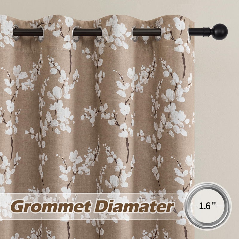 FMFUNCTEX 100% Blackout Floral Curtains for Bedroom  Taupe Curtains 84 inches Long Blossom Flower Patterned for Living Room  Thermal Insulated Farmhouse Drapes  Grommet Top 2 Panels (White on Tan) - Image 2
