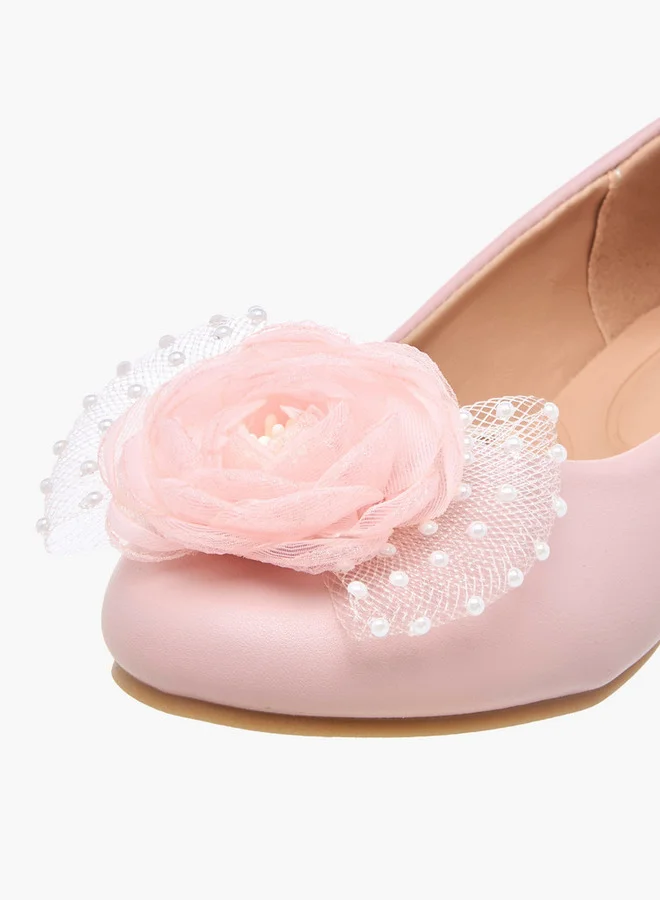 Little Missy Pearl Embellished Ballerina Shoes with Flower Applique