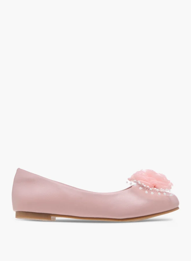 Little Missy Pearl Embellished Ballerina Shoes with Flower Applique