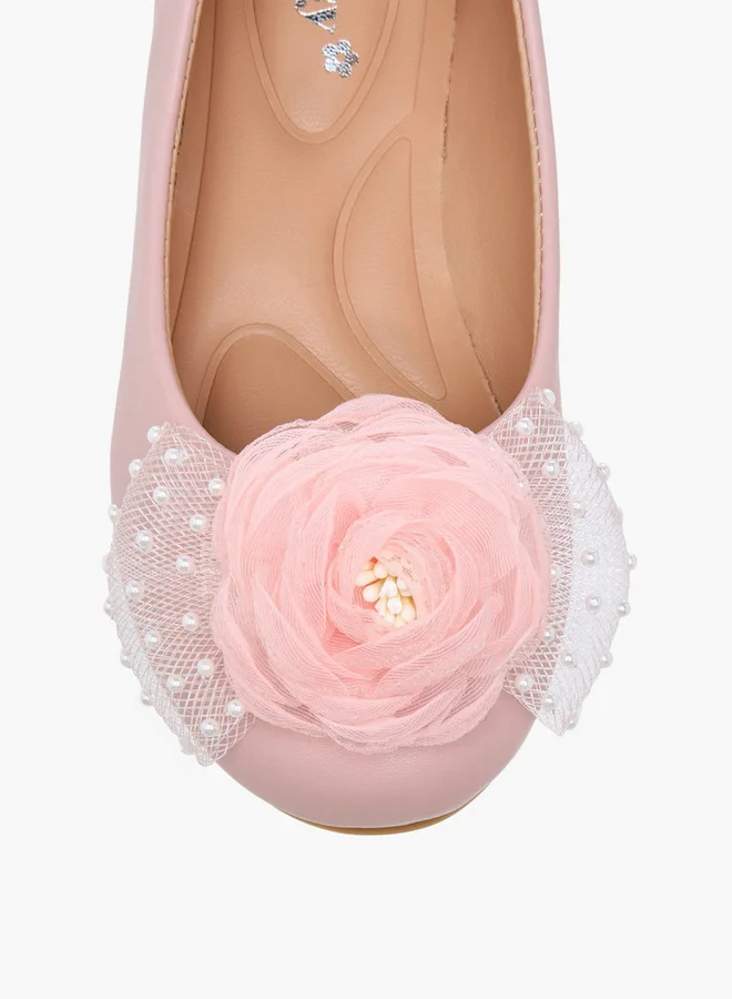 Little Missy Pearl Embellished Ballerina Shoes with Flower Applique