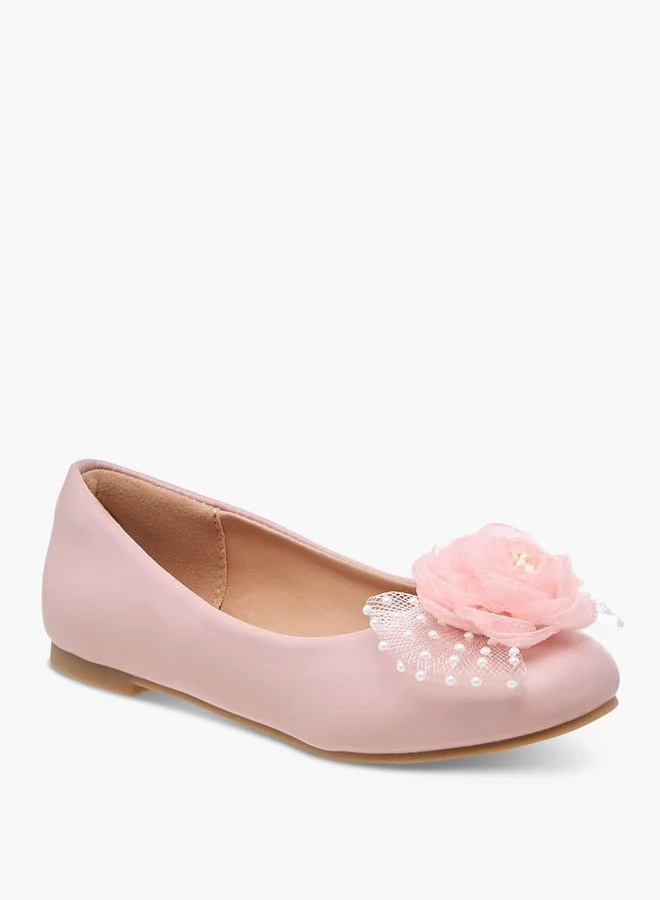 Little Missy Pearl Embellished Ballerina Shoes with Flower Applique