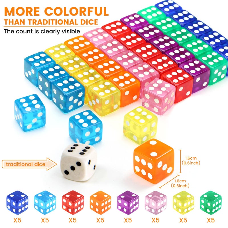 Gwhole 40 Pieces 6-Sided Game Dice Set  8 Translucent Colors Dice For Board Games And Teaching Math - Image 2