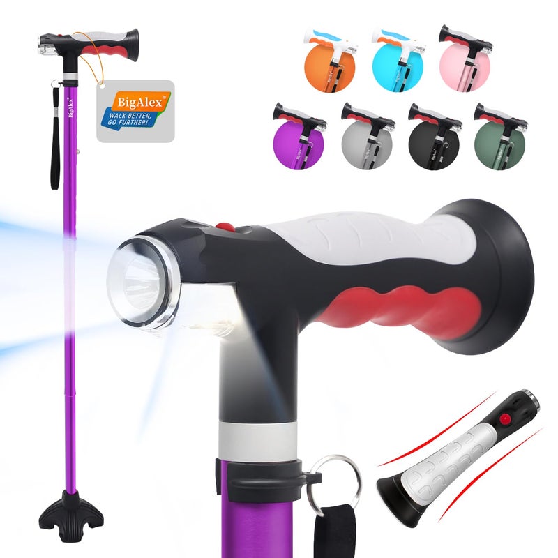 BigAlex Folding Walking Cane with Two Led Lights for Elderly Solid Base Adjustable Walking Stick with Carrying Bag for Men Women - Image 1