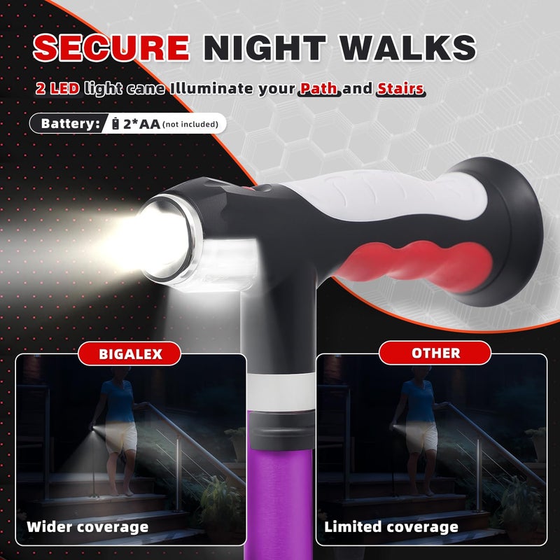 BigAlex Folding Walking Cane with Two Led Lights for Elderly Solid Base Adjustable Walking Stick with Carrying Bag for Men Women - Image 2