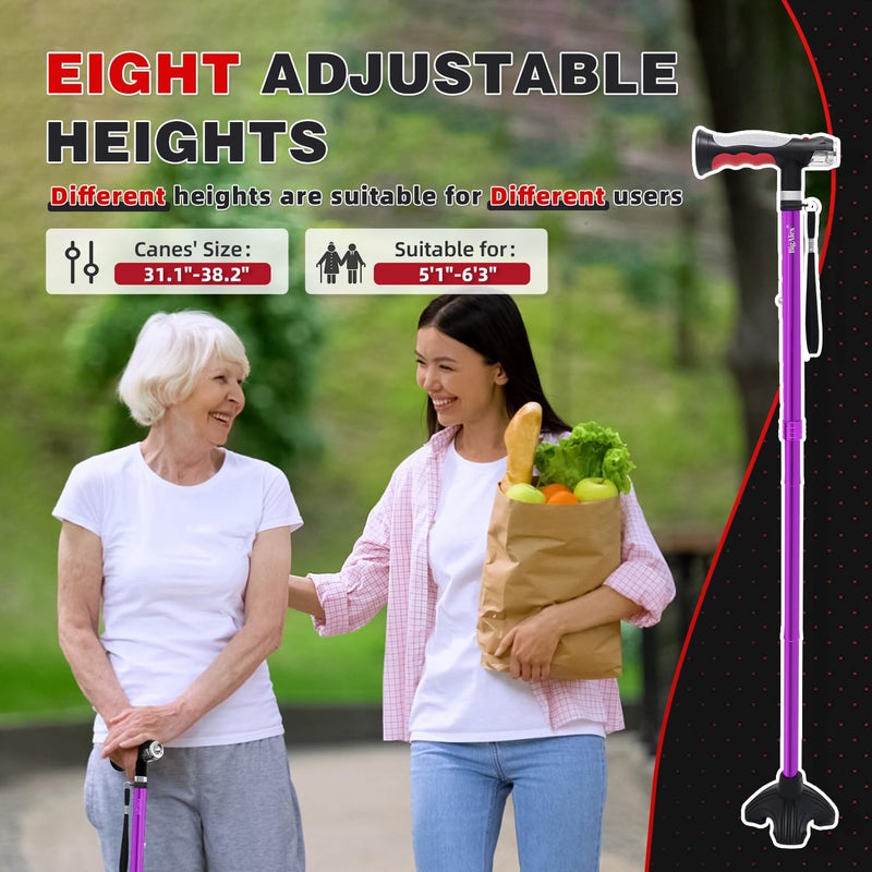 BigAlex Folding Walking Cane with Two Led Lights for Elderly Solid Base Adjustable Walking Stick with Carrying Bag for Men Women - Image 4