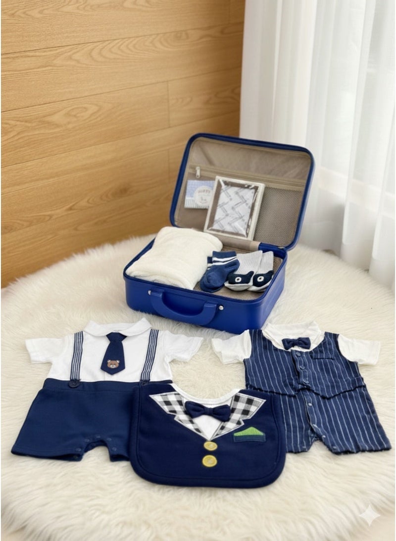 Essentials 360® Clothes Gift Set for 12 Months Baby Boy,10 Piece Tuxedo Style Outfit in Navy Blue & White with Rompers, Soft Blanket, Wooden Frame & Greeting Card Perfect in Stylish Suitcase Packaging - Image 1