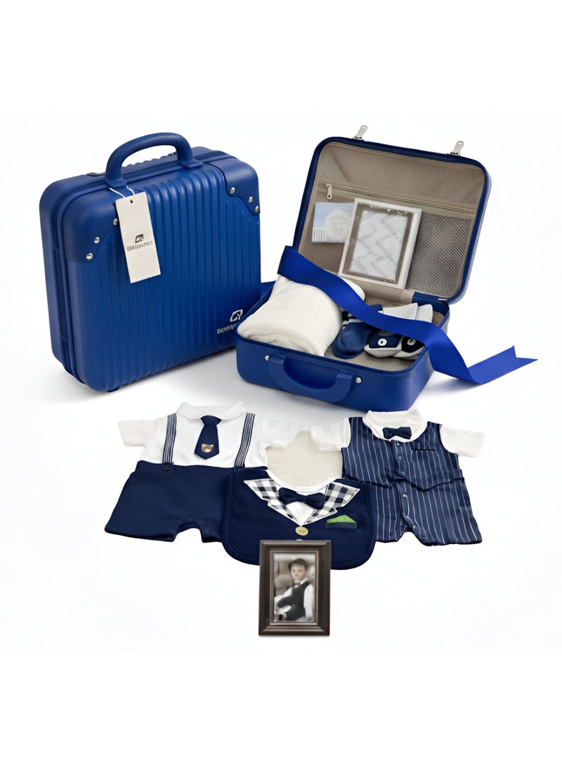 Essentials 360® Clothes Gift Set for 12 Months Baby Boy,10 Piece Tuxedo Style Outfit in Navy Blue & White with Rompers, Soft Blanket, Wooden Frame & Greeting Card Perfect in Stylish Suitcase Packaging - Image 2