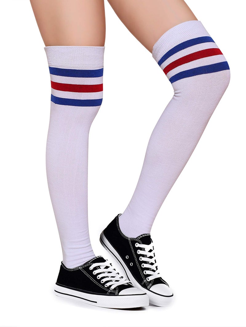 Leotruny Thigh High Socks for Women: Suitable for Cosplay Daily Wear - Cotton Knee High Socks White/Bule/Red - Image 3