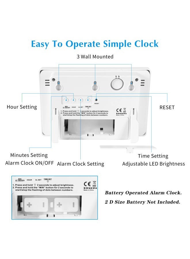 KWANWA LED Digital Clock, Alarm Clock, Wall Clock, 3" LED Digit Display, Adjustable Brightness, Auto Night Mode, Auto Alarm Volume Increasing, Wall-Mount & Table-top, Alarm Clock for Bedroom - Image 3