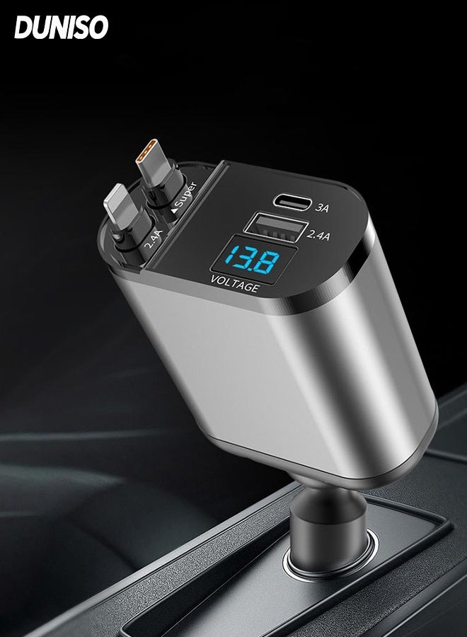 DUNISO 120W Fast Car Charger with Retractable Charging Cable ，4 Ports Fast Car Power Adapter， Car Bluetooth with USB Charger Plug ， 4-in-1 Car Cigarette Lighter Plug for iPhone Type-C+iPhone, Samsung, Huawei and more - Image 1