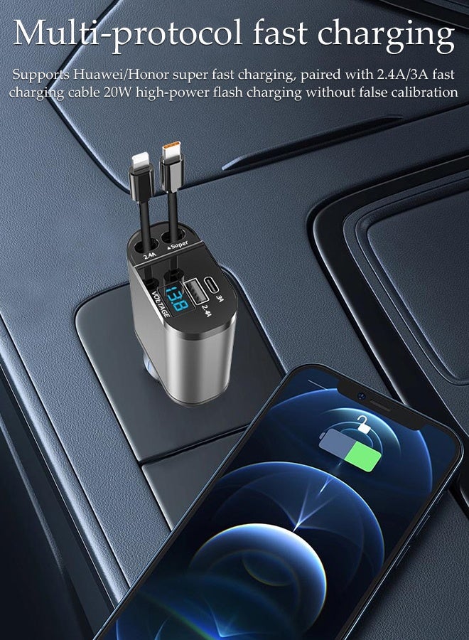 DUNISO 120W Fast Car Charger with Retractable Charging Cable ，4 Ports Fast Car Power Adapter， Car Bluetooth with USB Charger Plug ， 4-in-1 Car Cigarette Lighter Plug for iPhone Type-C+iPhone, Samsung, Huawei and more - Image 3