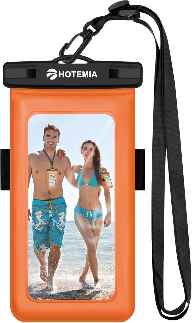 HOTEMIA Waterproof Cell Phone Pouch Floating, Waterproof Float Phone Case Underwater Dry Bag with Neck Lanyard and Armband Compatible for iPhone Samsung Galaxy Up to 7 inches (Orange-Floating) - Image 1