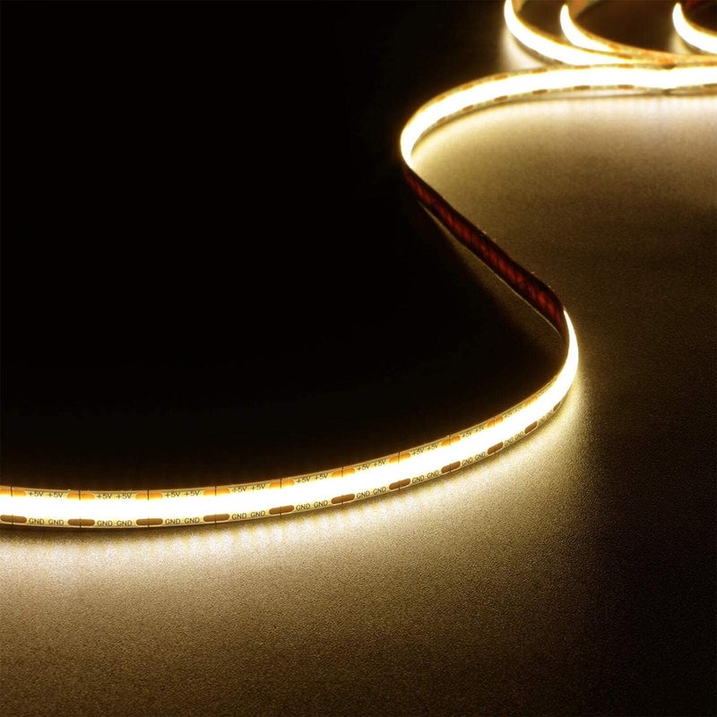 أضواء شريط LED بجهد 5V بلون أبيض دافئ، طول 5 أقدام، تحتوي على 480 مصباح LED من نوع COB، درجة حرارة اللون 3000K، سطوع 1200 لومن، معدل تمثيل الألوان عالي (CRI) أكثر من 80، أضواء شريط LED مرنة لإضاءة خلفية التلفزيون، غرفة النوم، الخزائن، المطبخ، أو للاستخدام في مشاريع الديكور الخاصة (DIY). - Image 1