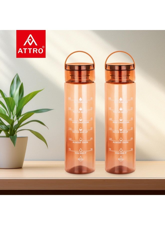 ATTRO Oxy Motivational 1000ml Water Bottle - Time Markers & Inspirational Slogans Mentioned Encourages More Water Intake, Easy-to-Carry Handle- Set of 2 Brown| Plastic - Image 2