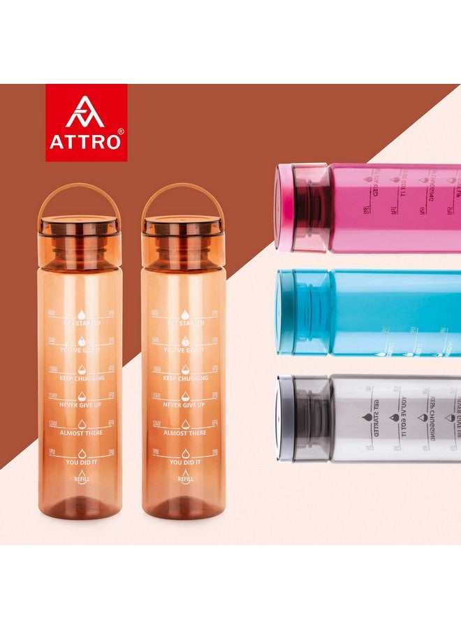 ATTRO Oxy Motivational 1000ml Water Bottle - Time Markers & Inspirational Slogans Mentioned Encourages More Water Intake, Easy-to-Carry Handle- Set of 2 Brown| Plastic - Image 3