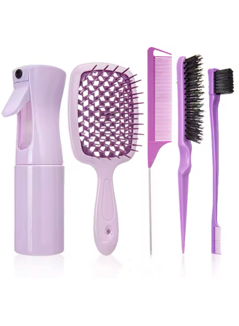 Generic 5pcs Detangling Hair Comb Set Massage Anti-static Hollow Out Wet Teasing Rat Tail Brush with Spray Bottle Barber Styling Tools  - Image 1