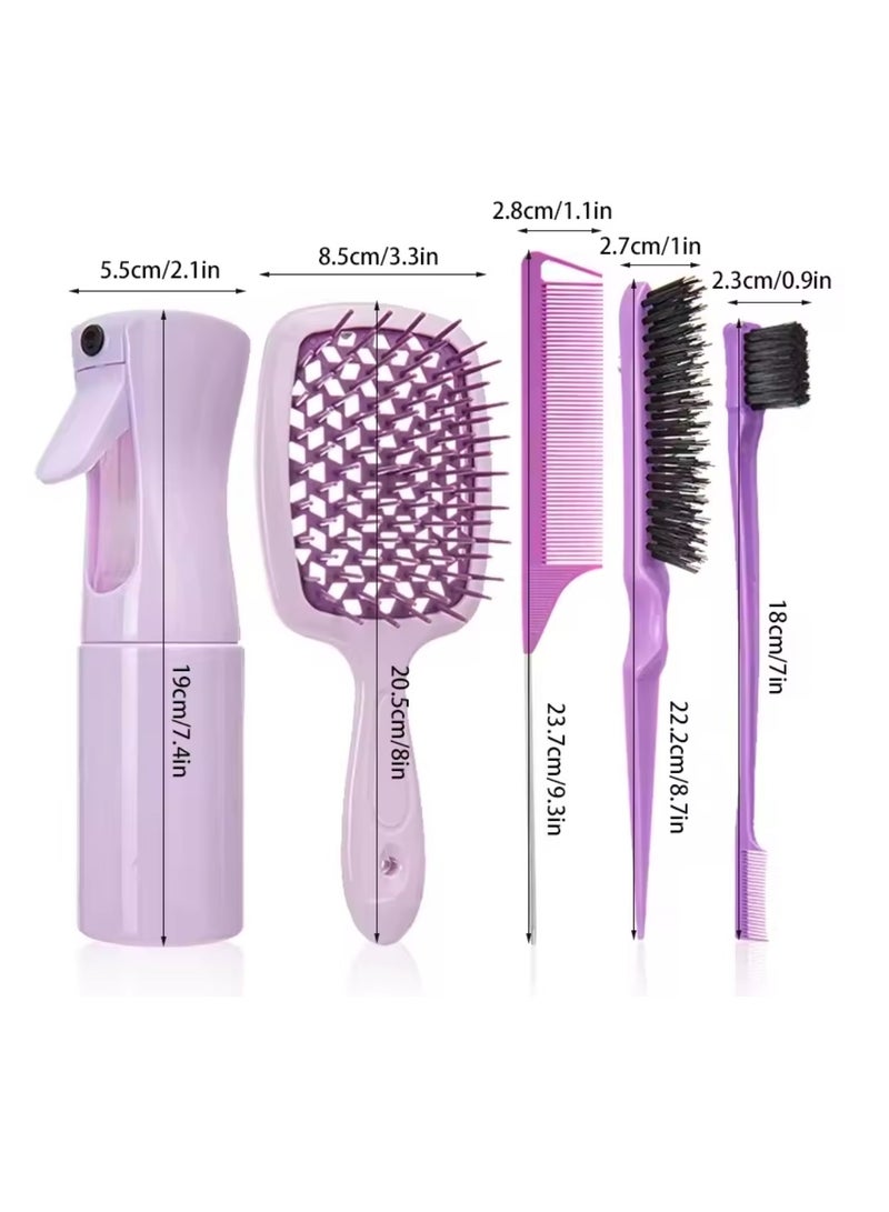 Generic 5pcs Detangling Hair Comb Set Massage Anti-static Hollow Out Wet Teasing Rat Tail Brush with Spray Bottle Barber Styling Tools  - Image 5