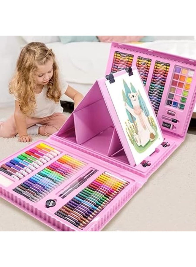 OKIKI 208 PCS Art Supplies, BRAND Drawing Art Kit for Kids Adults Art Set with Double Sided Trifold Easel, Oil Pastels, Crayons (PINK) - Image 1