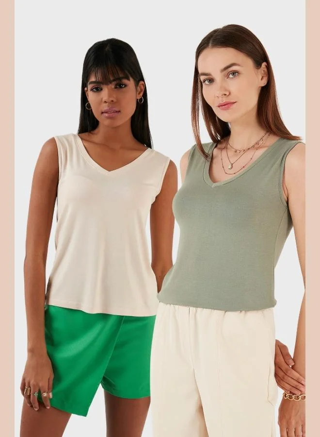 Lela Lela Slim Fit V-Neck Thick Strap 2-Pack Blouse Women's Blouse 5864384S2