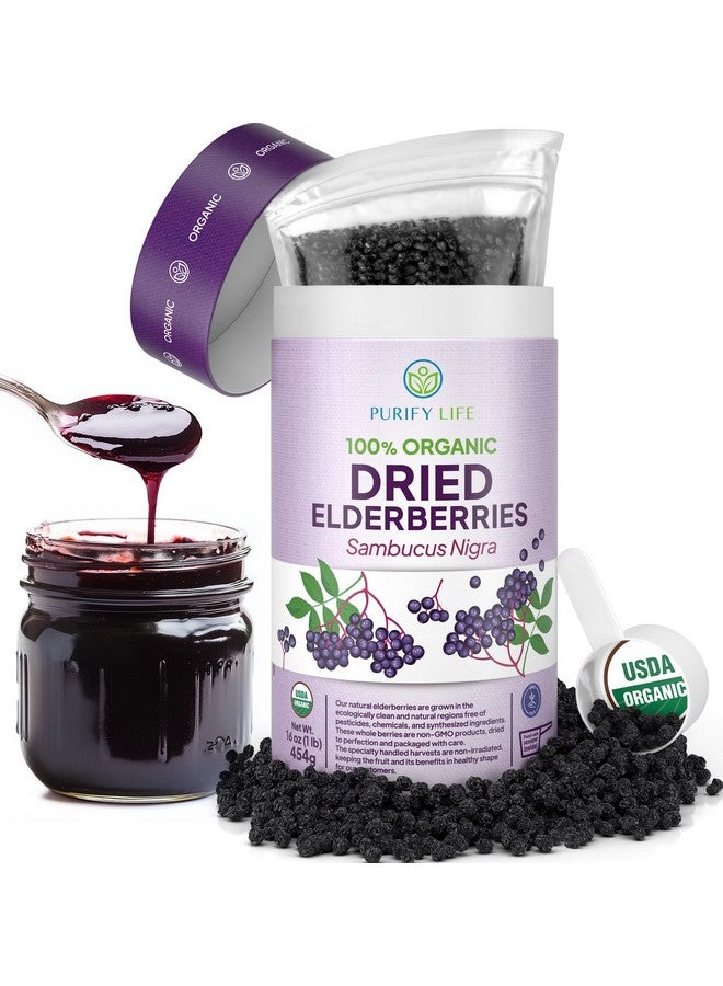 Purify Life توت البلسان المجفف العضوي من وزارة الزراعة الأمريكية 1 رطل بالجملة (أكثر تعبئة أمانًا، كيس قابل لإعادة الإغلاق، ملعقة خالية من BPA) طبيعي، غير مشع، توت بلسان أسود كامل خام، دعم المناعة، صنع شراب توت البلسان، 1 رطل - Image 1
