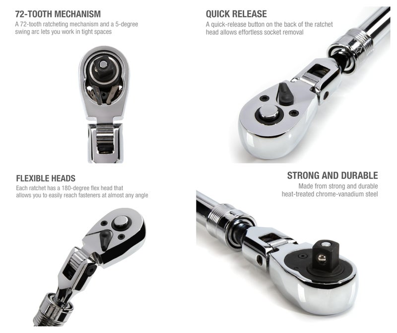 Steelman Pro 1/2-inch Drive 72-Tooth Extendable Flex-Head Ratchet (13.5-19-Inch Length), Heat-Treated Chrome-Vanadium Steel, Quick Release, Comfort Grip, Ideal for Auto Mechanics/Confined Spaces - Image 4