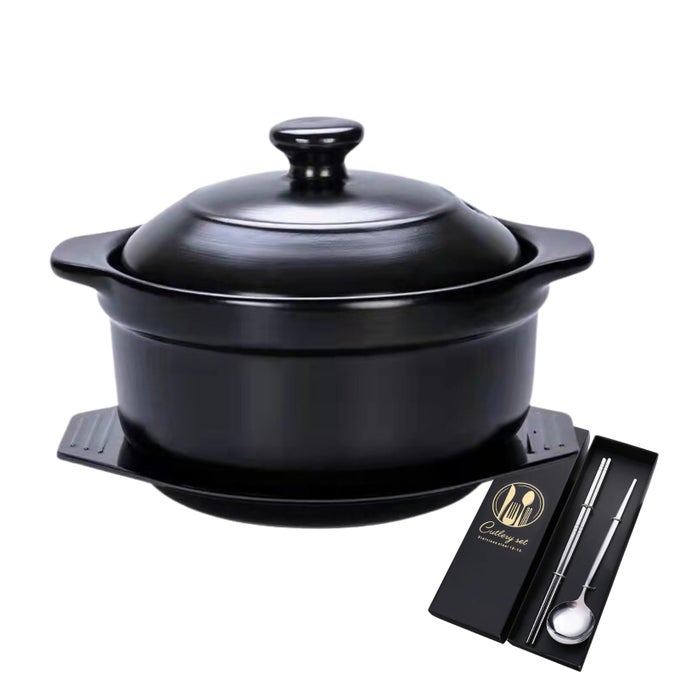 KOREAN STONE POT CERAMIC SIZZLING HOT POT FOR BIBIMBAP KOREAN STONE BOWL WITH LID AND TRIVET 40 OZ CLAY POT FOR COOKING KOREAN COOKING POT 1200ML BLACK
