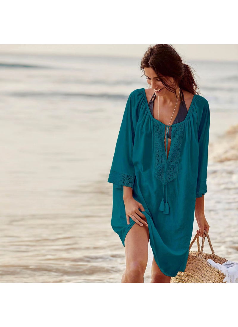 Generic Summer V-Neck Plus-Size Fashion Beachwear Cover-Up Dress Peacock Blue 