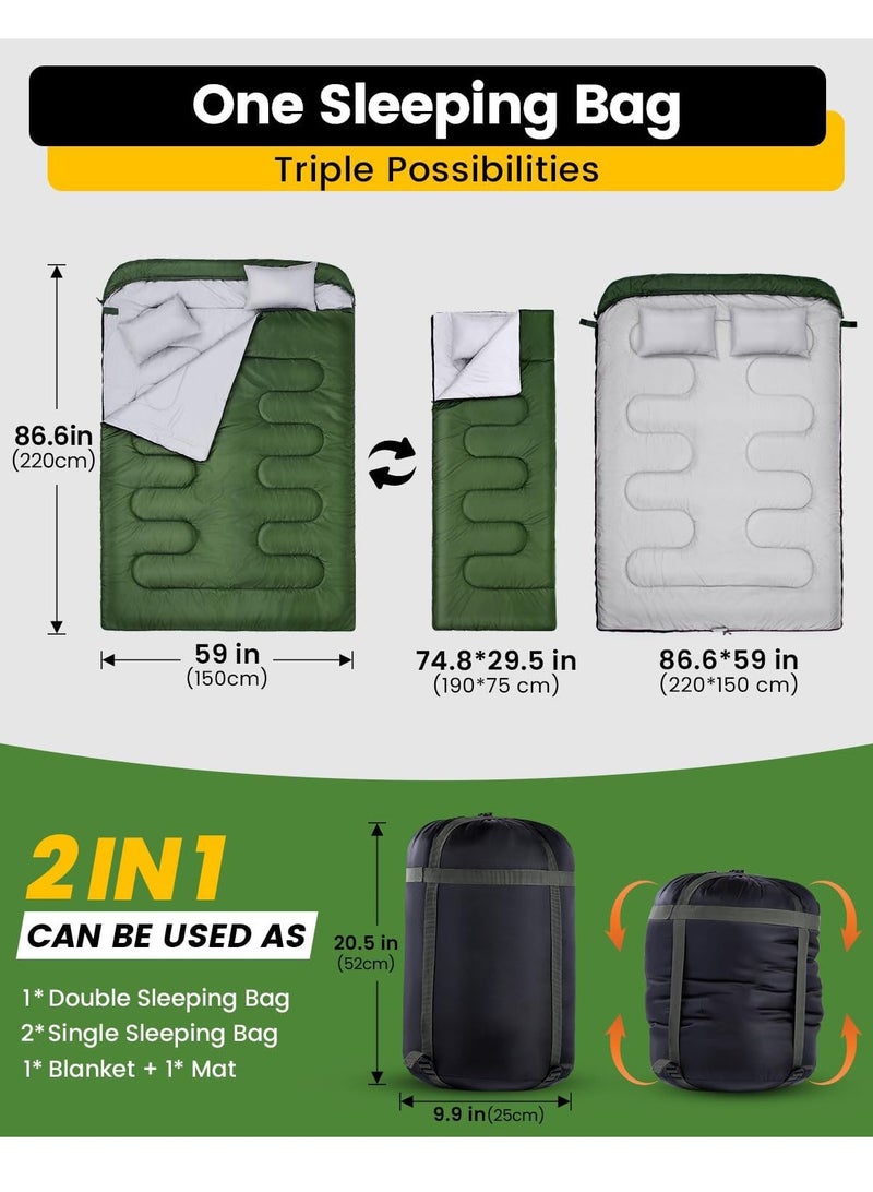 Generic Double Sleeping Bag for Adults with 2 Pillows Queen Size Two Person Sleeping Bag for All Season 2 Person Sleeping Bags for Cold Weather Camping Hiking Backpacking 220*150cm - Image 2