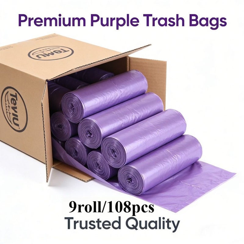 9 Rolls of 108 Pieces Purple Leakproof Trash Bags for Home Kitchen Office Bathroom Outdoor Cleaning Disposable Plastic Garbage Bags - Image 1
