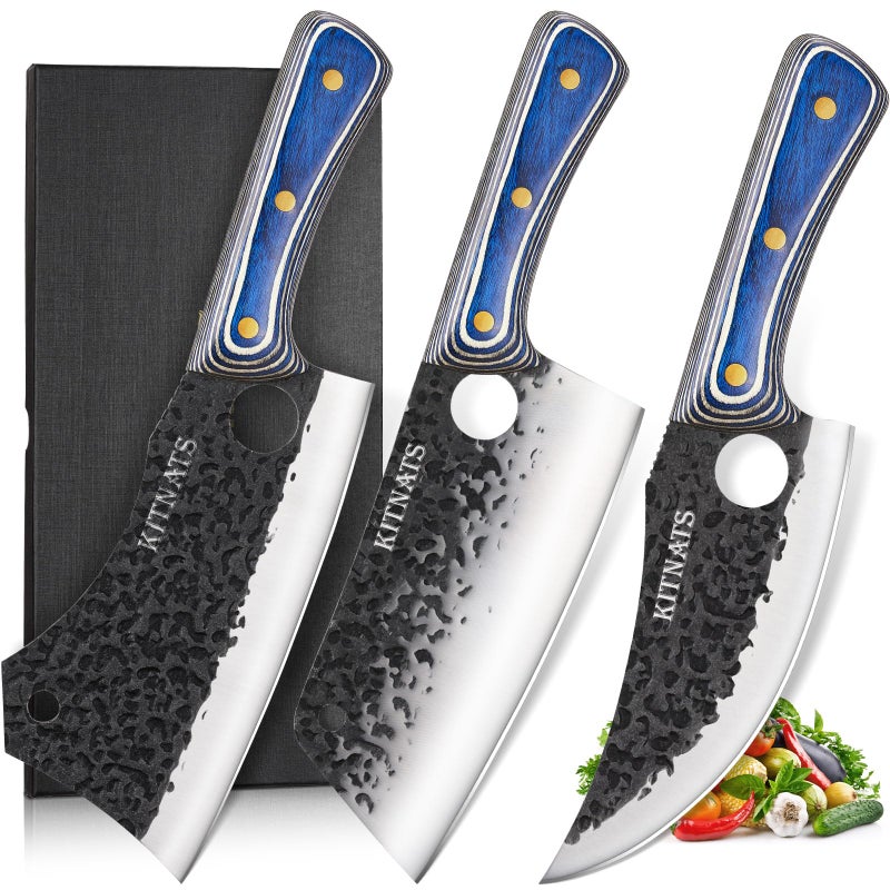 KITNATS 3PCS Butcher Knife Set, Hand Forged kitchen Knife Set-Heavy Duty Bone Chopper & Meat Cleaver & Viking Chef Knife Set for Home, Outdoor Cooking, Camping BBQ - Image 1