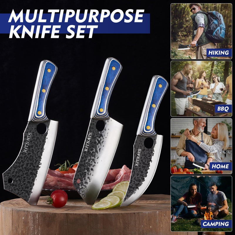 KITNATS 3PCS Butcher Knife Set, Hand Forged kitchen Knife Set-Heavy Duty Bone Chopper & Meat Cleaver & Viking Chef Knife Set for Home, Outdoor Cooking, Camping BBQ - Image 4