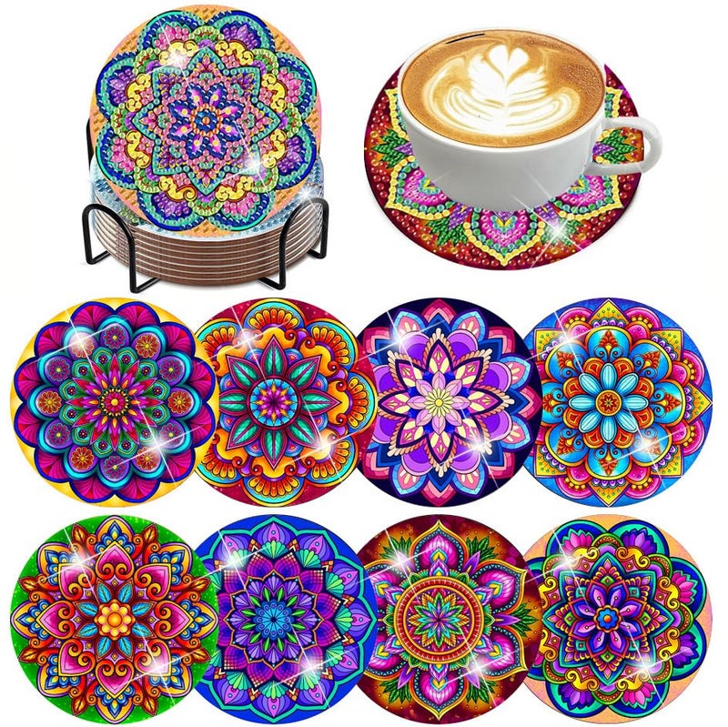 ijbnhd Mandala Diamond Painting Coasters Kit with Holder, DIY Diamond Art Coasters Cork Wooden Pad Board Double Layer is Strong and Wear-Resistant for Beginners Adults Art Craft Supplies Gift 4X4IN - Image 1