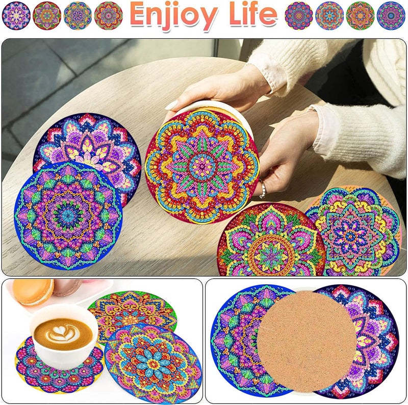 ijbnhd Mandala Diamond Painting Coasters Kit with Holder, DIY Diamond Art Coasters Cork Wooden Pad Board Double Layer is Strong and Wear-Resistant for Beginners Adults Art Craft Supplies Gift 4X4IN - Image 2