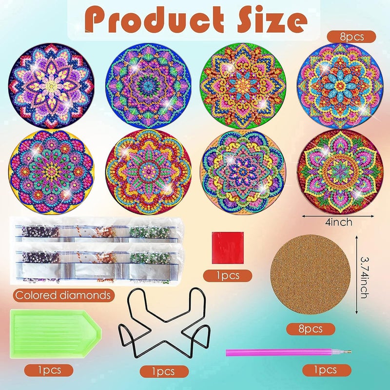 ijbnhd Mandala Diamond Painting Coasters Kit with Holder, DIY Diamond Art Coasters Cork Wooden Pad Board Double Layer is Strong and Wear-Resistant for Beginners Adults Art Craft Supplies Gift 4X4IN - Image 3
