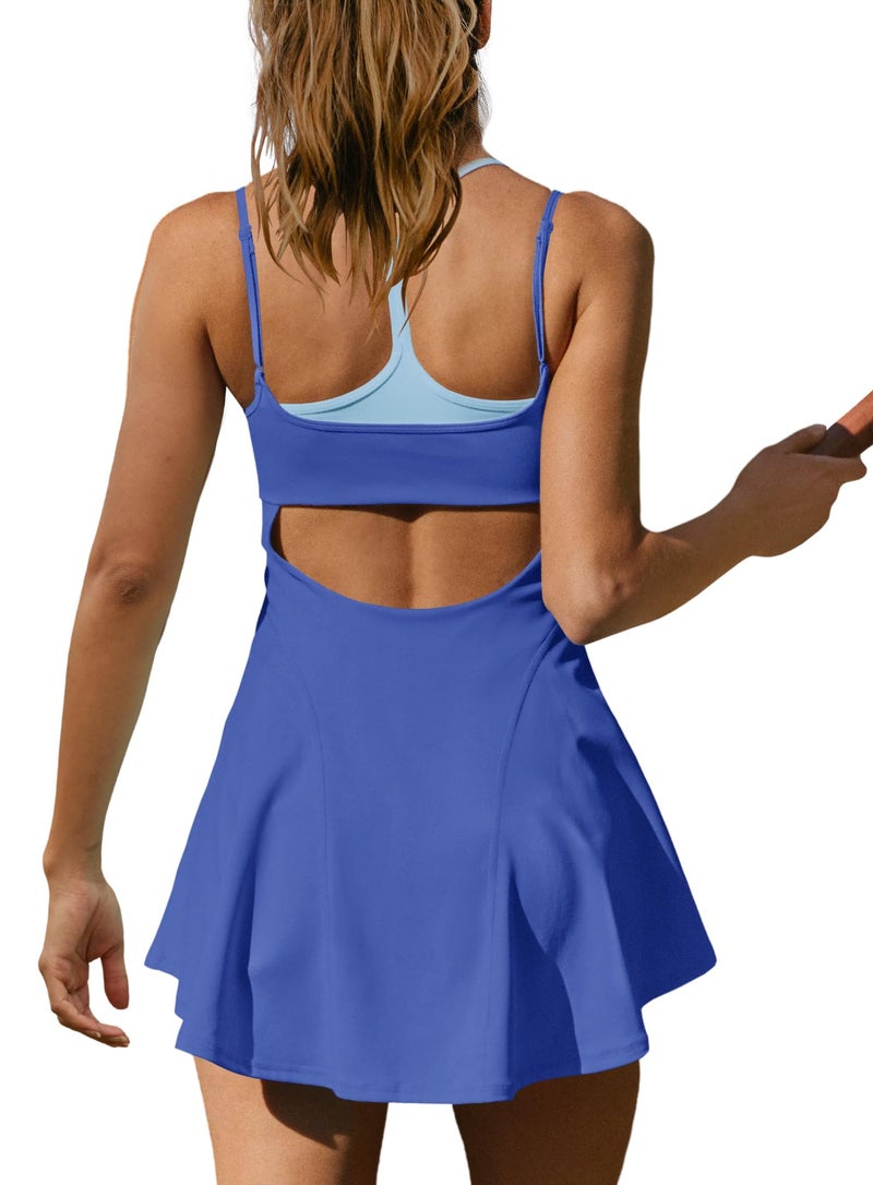 Yanekop Womens Tennis Dress with Built in Shorts and Bra Athletic Dresses Golf Outfits Spaghetti Strap Workout Dress(Royal Blue,M) - Image 4