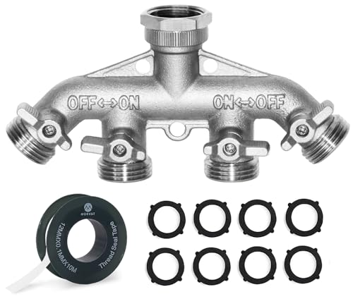 Morvat Heavy Duty Nickel Plated Brass 4 Way Splitter, Garden Hose Manifold Connector with Comfort Grip ON/OFF Valves, Adapter for Water Faucet & Spigot, Includes 8 Extra Washers & Mounting Kit - Image 1