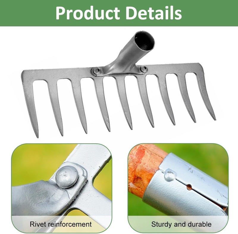 هاسذيب رأس مشط حديقة ® ذو 9 أسنان، رأس معدني بطول 37 سم بدون مقبض، فولاذ مقاوم للصدأ للاستخدام في الحديقة والعشب والمناظر الطبيعية، أدوات البستنة - Image 3