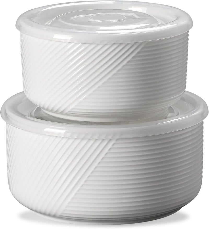 Adewnest Ceramic Nesting Bowls with Lid Microwave Safe Food Storage Containers for Work Lunch Picnic Camping Meal Prep Soup Salad Cereal Leftovers  5  6 Inch 20  32 oz Set of 2 White - Image 1