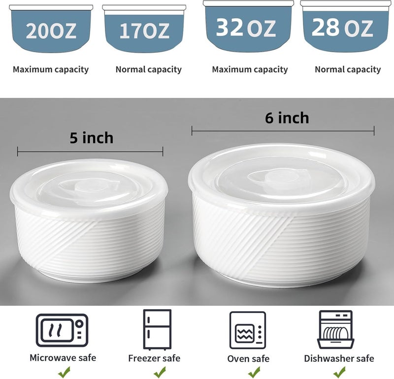 Adewnest Ceramic Nesting Bowls with Lid Microwave Safe Food Storage Containers for Work Lunch Picnic Camping Meal Prep Soup Salad Cereal Leftovers  5  6 Inch 20  32 oz Set of 2 White - Image 2