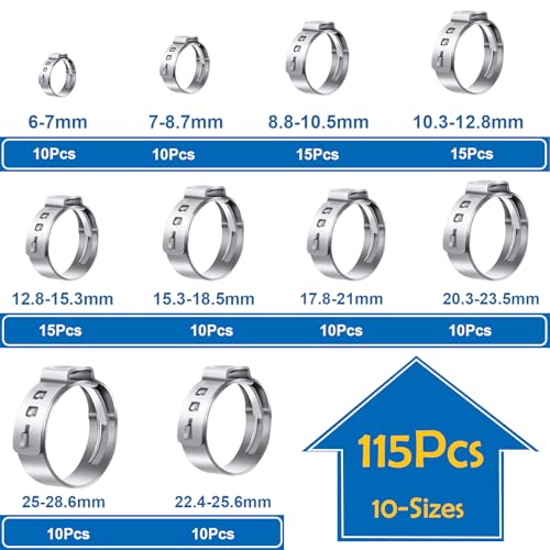 Seept 115Pcs 10-Sizes 304 Stainless Steel Single Ear Hose Clamps with Ear clamp plier 6-28.6mm Crimp Hose Clamps Assortment Kit for Auto/Home Appliance/Pipe/Fuel Line Stepless hose clamp with pincer - Image 2