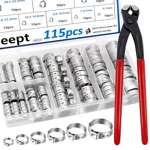 Seept 115Pcs 10-Sizes 304 Stainless Steel Single Ear Hose Clamps with Ear clamp plier 6-28.6mm Crimp Hose Clamps Assortment Kit for Auto/Home Appliance/Pipe/Fuel Line Stepless hose clamp with pincer - Image 1