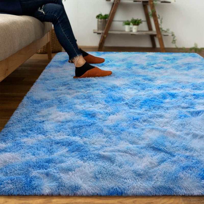 DweIke Fluffy Blue Shag Rugs for Bedroom Living Room, 3x5 Feet Soft Plush Tie-Dyed Light SkyBlue Girls Boys Kids Rug, Upgraded Non-Slip and Machine Washable Carpet for Dorm Nursery Classroom Decor - Image 2