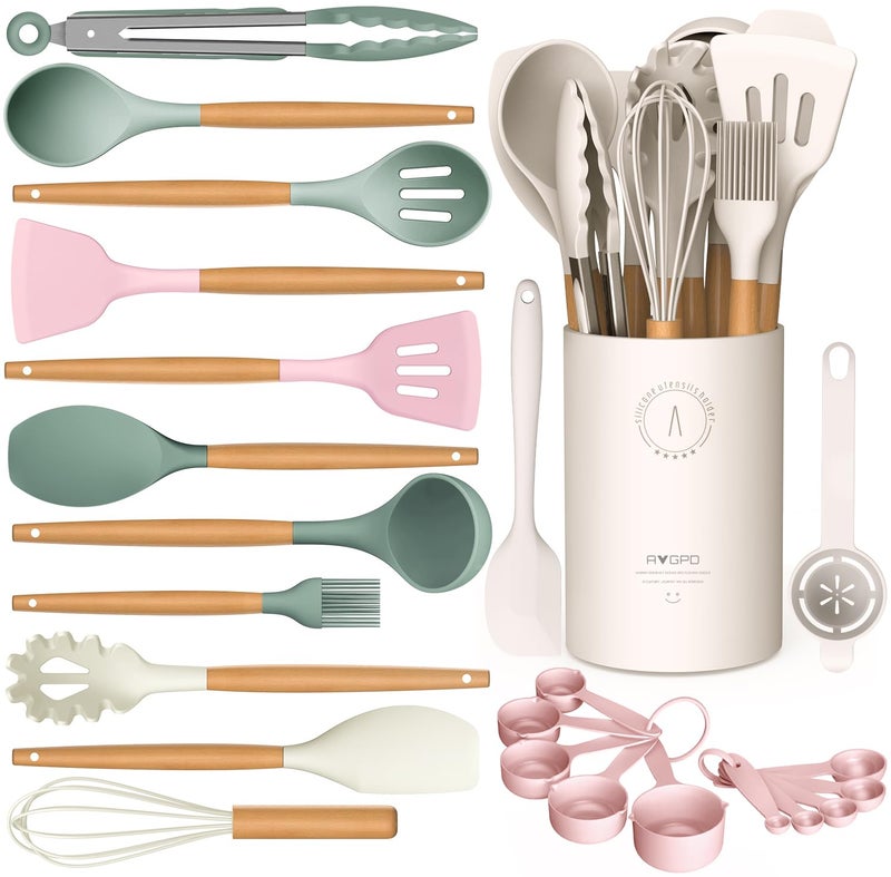 Silicone Cooking Utensils Set AVGPD Silicone Kitchen Utensils for Cooking Wooden Handles 446F Heat Resistant Kitchen Utensil Spatula Sets Gadgets for NonStick Cookware BPA FREE Multicolour