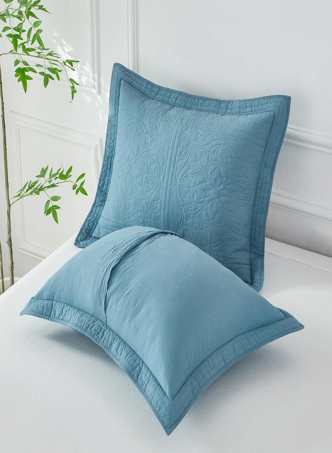 WINLIFE 100% Cotton Quilted Pillow Sham Floral Printed Pillow Cover Standard Blue mk2409 - Image 4