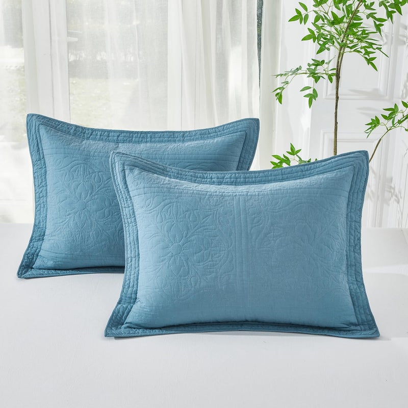 WINLIFE 100% Cotton Quilted Pillow Sham Floral Printed Pillow Cover Standard Blue mk2409 - Image 1