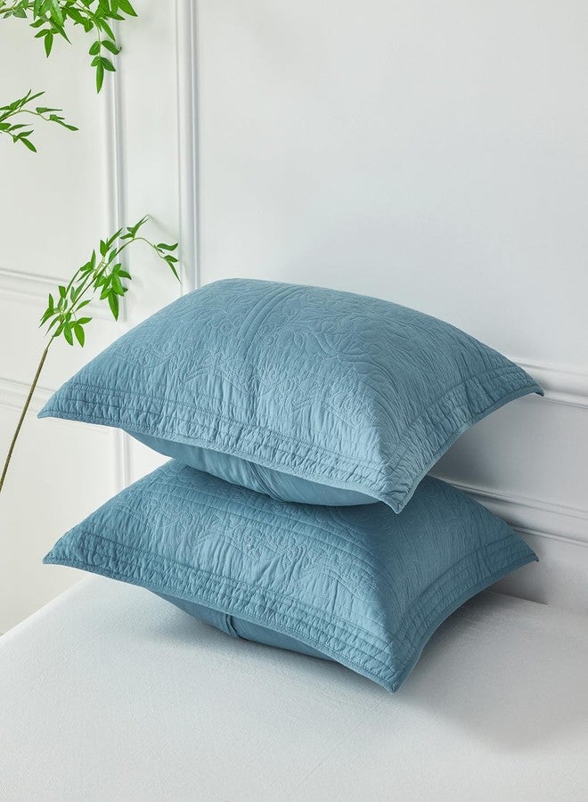 WINLIFE 100% Cotton Quilted Pillow Sham Floral Printed Pillow Cover Standard Blue mk2409 - Image 2