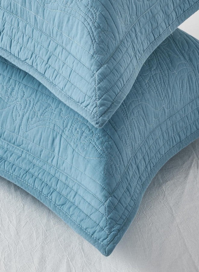 WINLIFE 100% Cotton Quilted Pillow Sham Floral Printed Pillow Cover Standard Blue mk2409 - Image 3