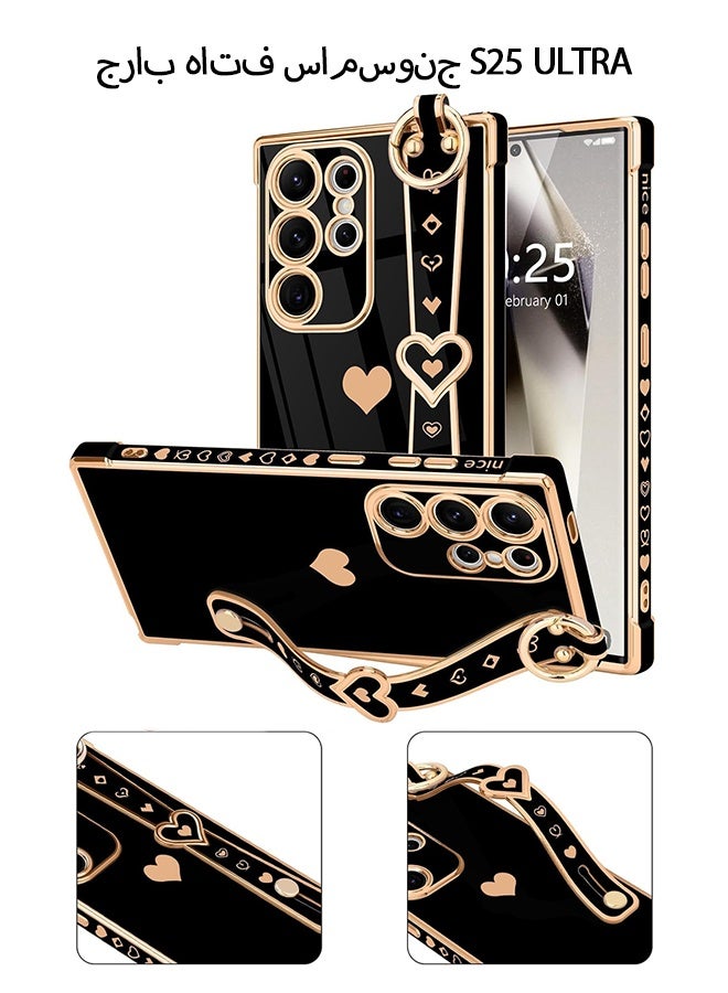 دبليو أف أف أو متوافق مع حافظة Samsung Galaxy S25 Ultra - مسند حزام معصم قابل للتعديل - قلب لطيف فاخر مطلي بالذهب - غطاء واقي للنساء والفتيات والرجال - أسود - Image 1